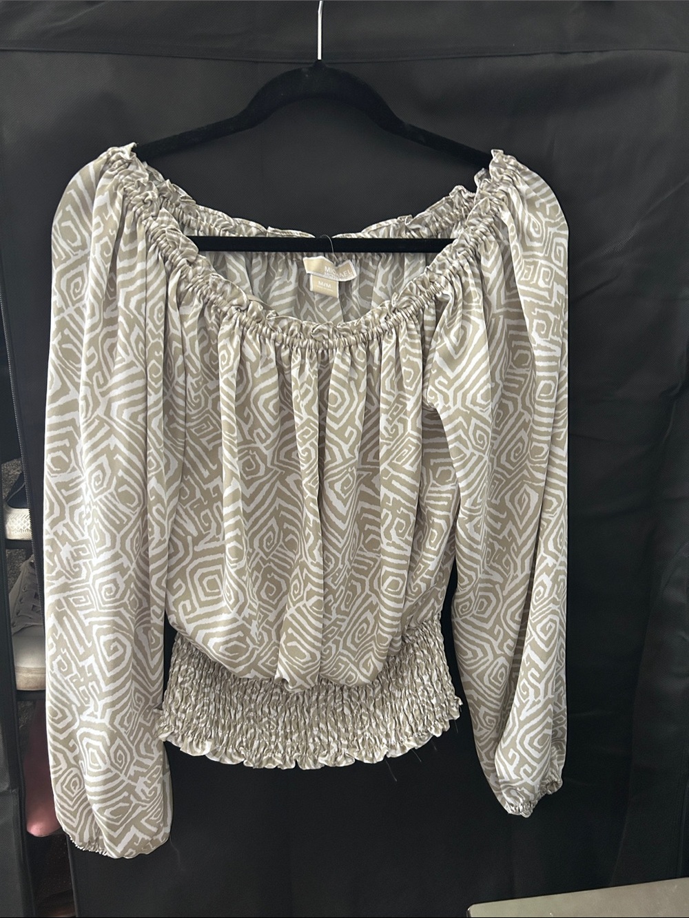 Michael Kors Beige & White Geometric Off-Shoulder Smocked Blouse